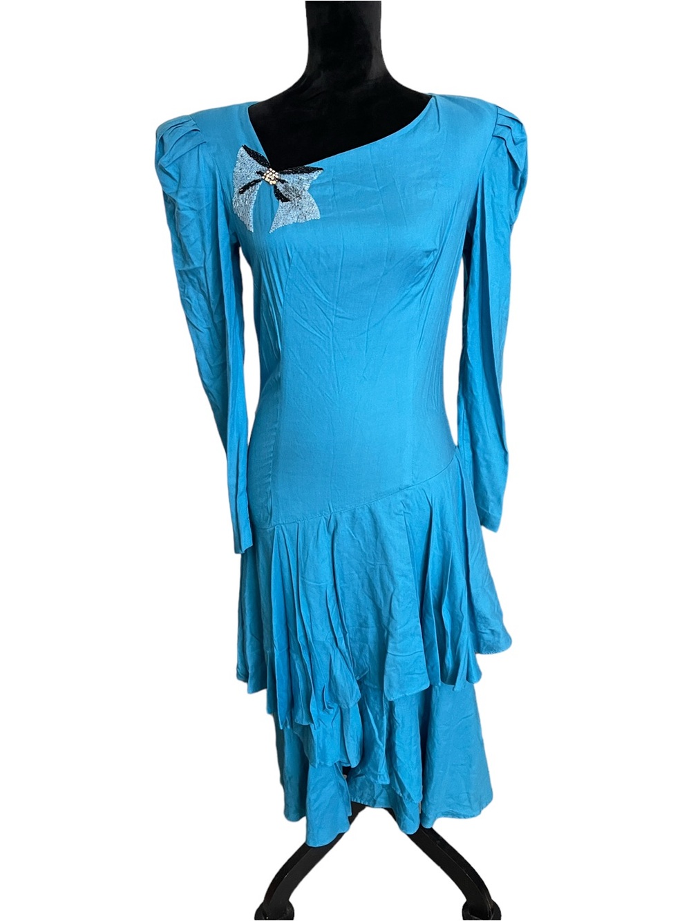 Vintage Loretto Blue Long-Sleeve Ruffle Midi Prom Dress with Embellished Bow